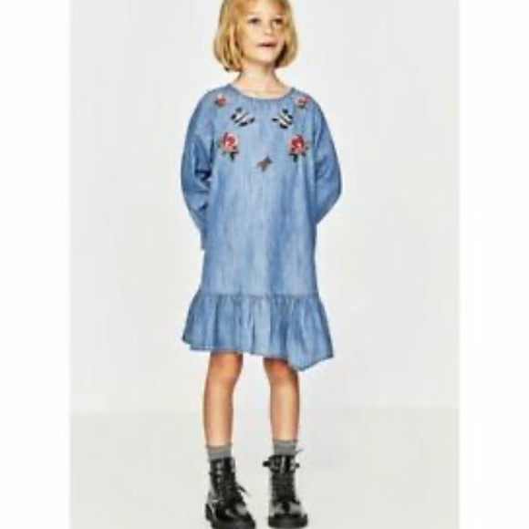Zara Girls Ruffled Denim Dress - Picture 1 of 4